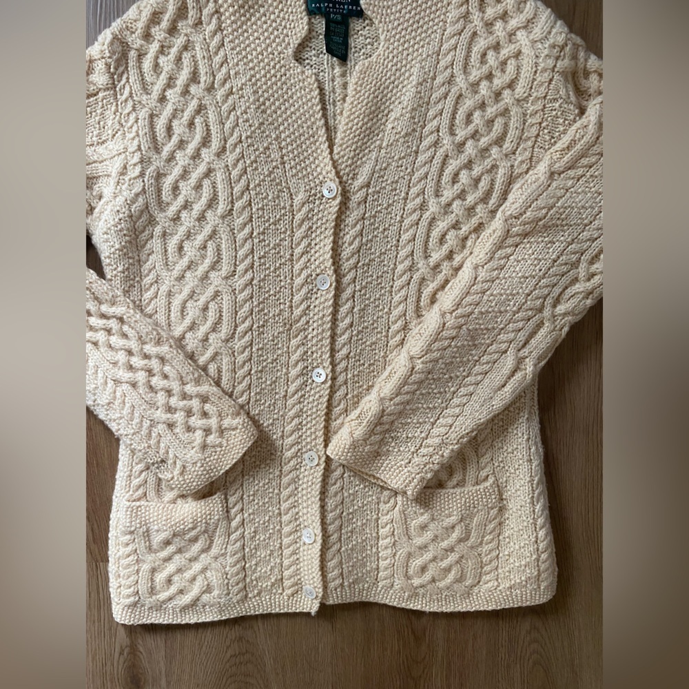 Ralph Lauren Ivory Cream Cable Knit wool Sweater cardigan fisherman - Picture 3 of 6